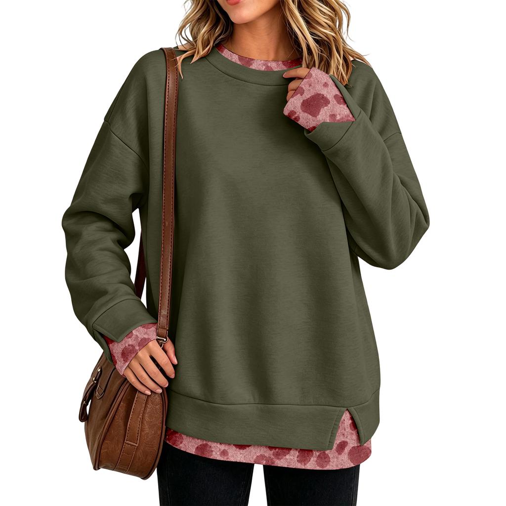 Women's Casual Leopard Print Pullover Top with Two-Piece Design, Long Sleeve Neck