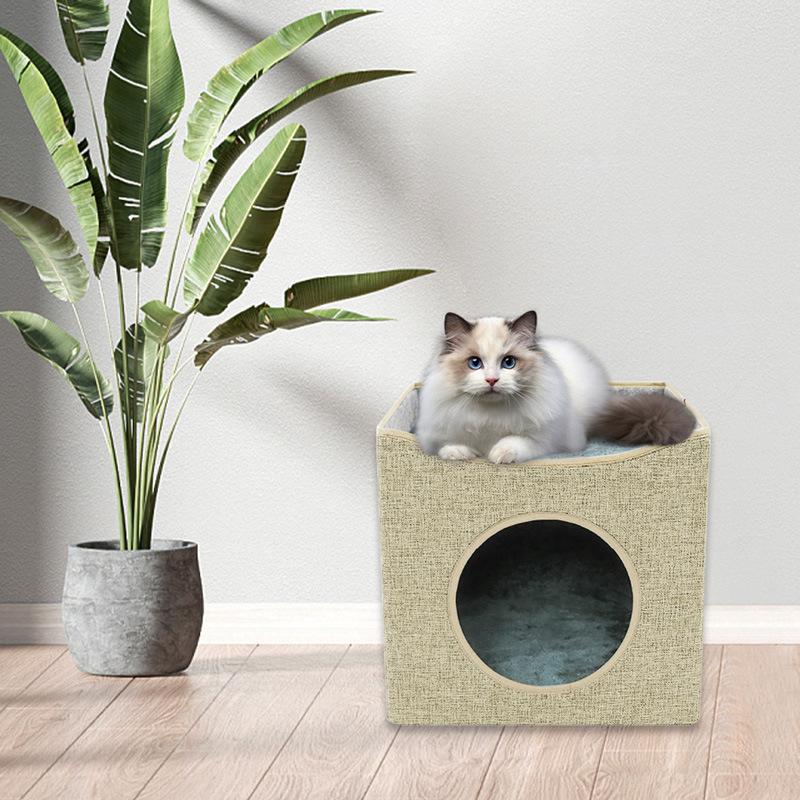 Foldable Double-deck Cat Condo Cube Indoor Cool Scratch Resistant Hiding Playing Cave with Scratch Pad for Cats