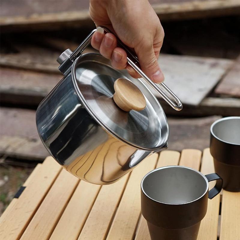 1L 304 Stainless Steel Camp Kettle Portable Outdoor Camping Pot with Removable Foldable Handle for Outdoor Cooking  Campfire