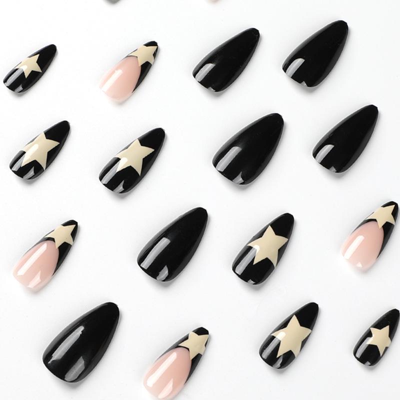Medium-Long French Milky White Nails with Black Edge and Five-Pointed Star Design