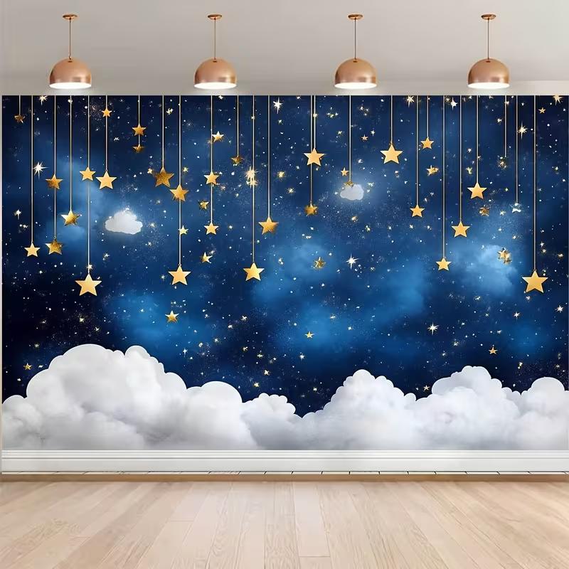 Dreamy Night Sky Photography Backdrop, Hanging Stars and Clouds for Events