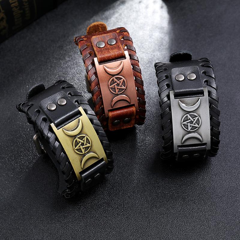 Vintage Nordic Star Moon Rune Bracelet Leather Woven Viking Men's Bracelet Fashion Charm Jewelry Hip Hop Accessorie