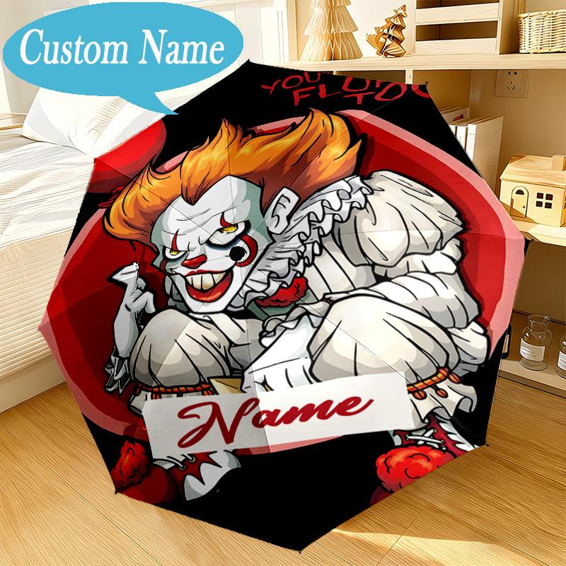 Custom Name Umbrella Pennywise Clown Horror Umbrella 8-Frame for Travel, Camping, Casual Lightweight Portable, Essential for Family Gifts