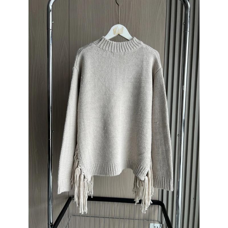 Casual and Stylish High Slit Striped Fringe Long Sleeve Round Neck Knitted Sweater