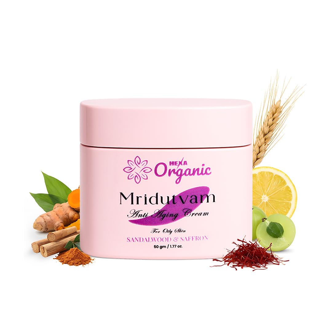 HEXA Organic Sandalwood and Saffron Anti-Ageing Cream - With Saffron & Wheat Germ Natural Vitamin E | Firming, Reduces Wrinkles & Boosts Collagen |