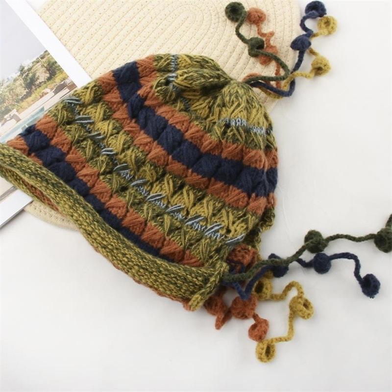 Hand crocheted thickened warm ear protectors colored wool knitted hat women