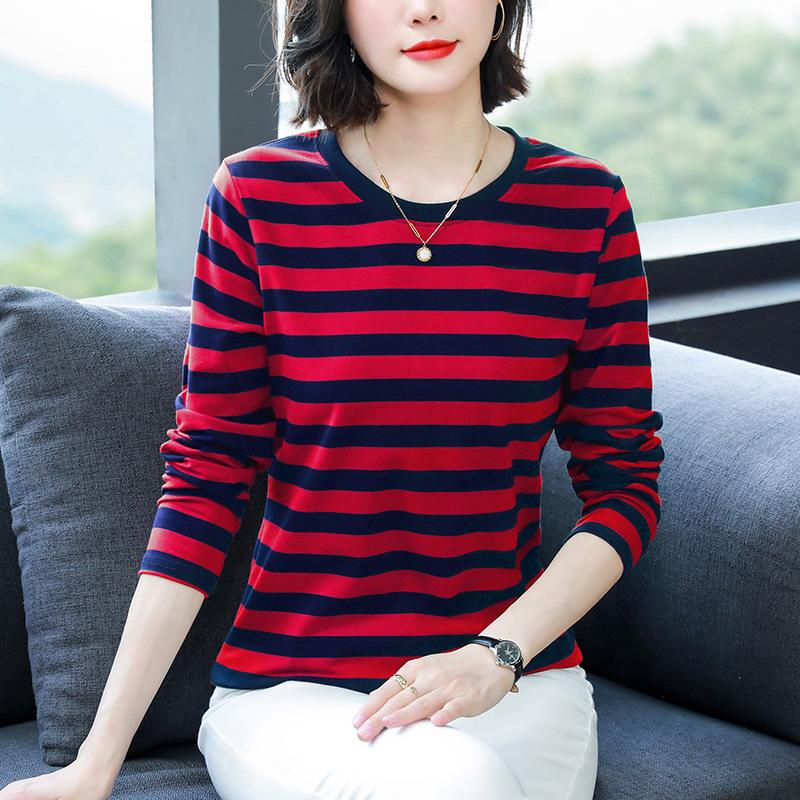 Women Plus Size Striped Long Sleeve T-Shirt O-Neck Cotton Loose Casual Fall Basic Base Top M-5XL