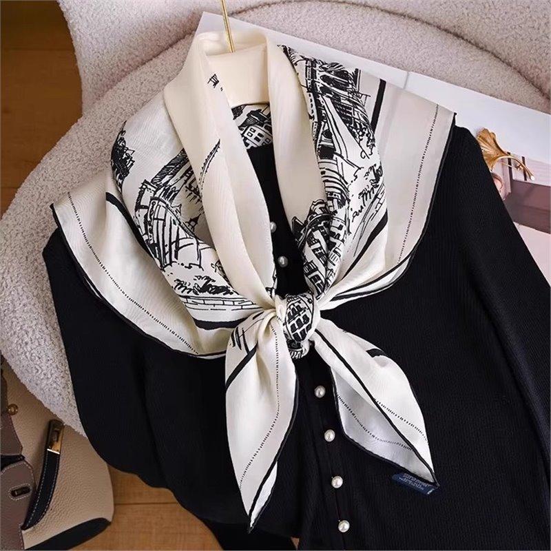 100% mulberry silk 90 silk twill Paris street view square scarf women s spring summer elegant light luxury high-end silk scarf 90*90cm