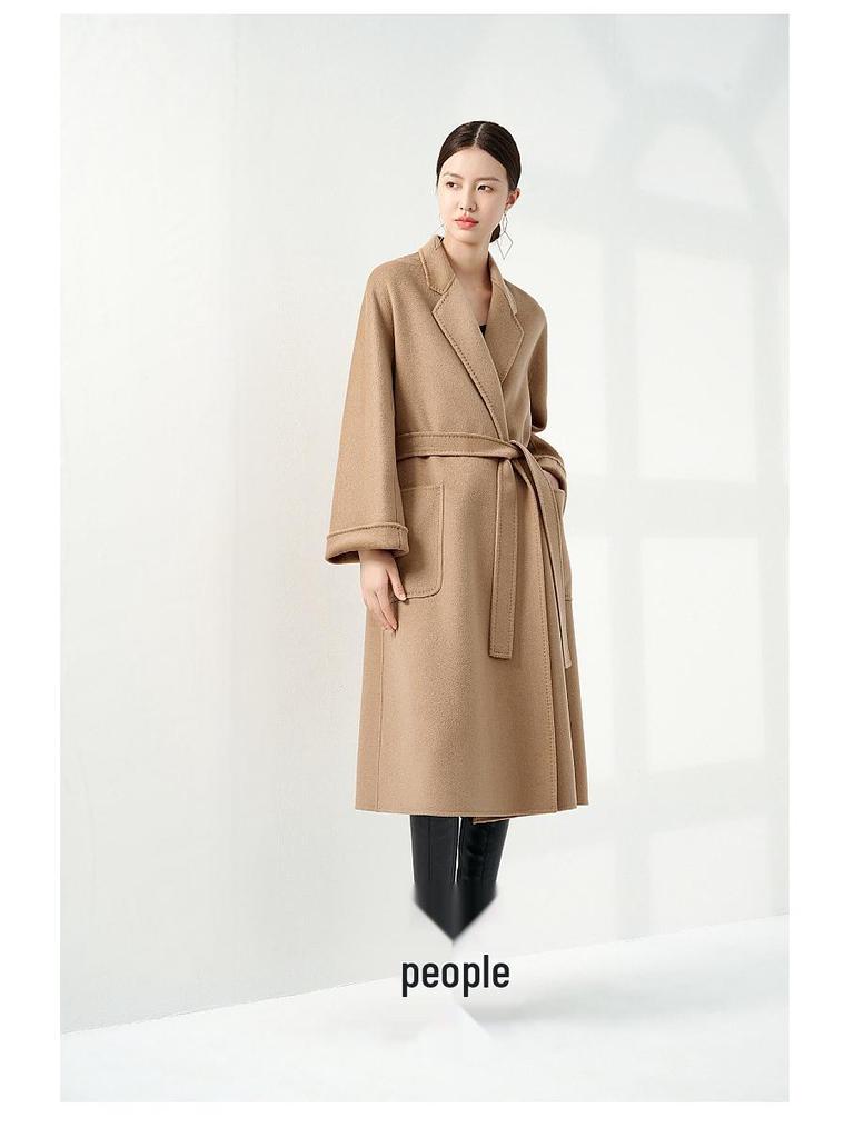 100% Pure Cashmere Water Ripple Double-Faced Wool Coat with Belt - Women's Outerwear