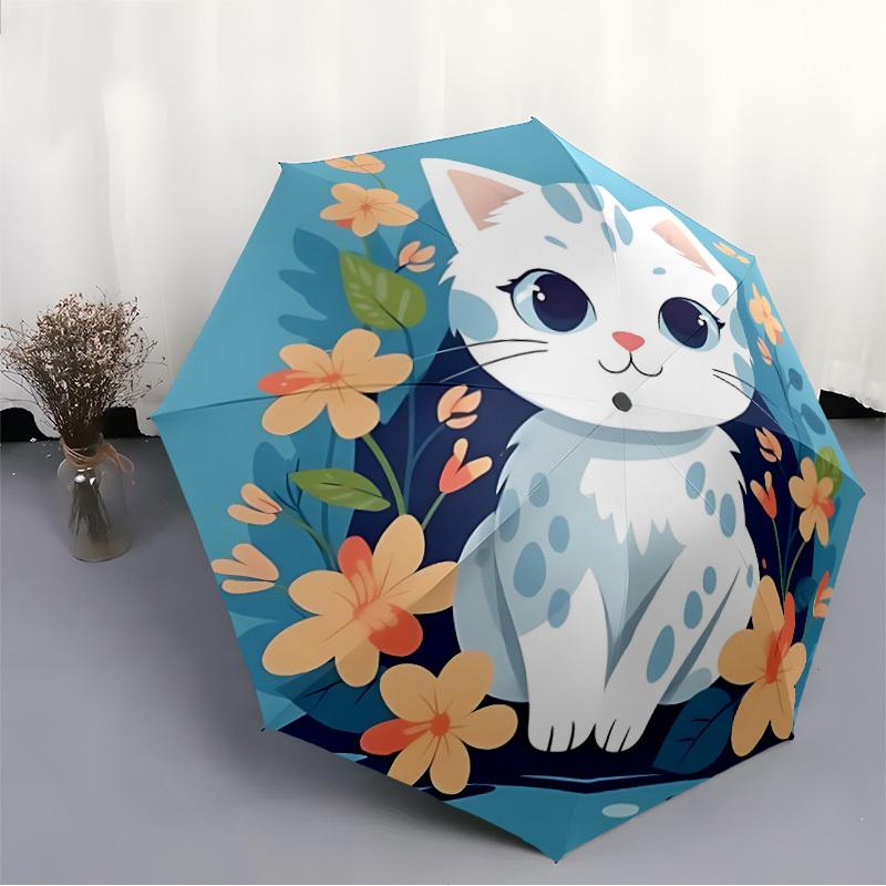 1pc Kitten Flowers Automatic Umbrella - Auto Open/Close Folding Umbrella with Reinforced 8-Rib Frame, 096