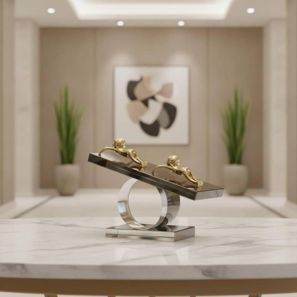 Crystal Ornament with Gold Figure Abstract Geometric Figurine Modern for Office
