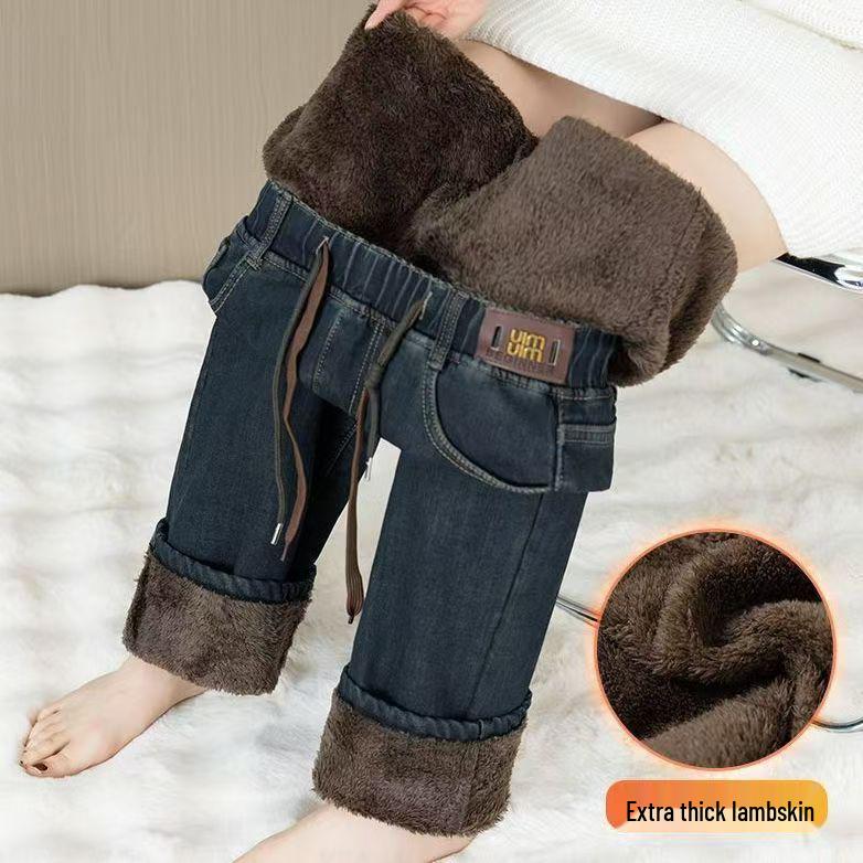 Velvet Elastic Waist Lambswool Jeans: Loose Winter High Waist, Stretch, Plus Size, Thickened Straight-Leg Pants (75-200)