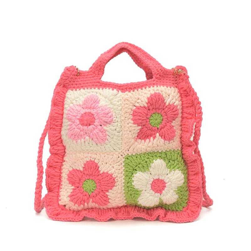 Boho Essential Handmade Crochet Granny Square Tote Bags Summer Knitted Flower Shoulder Bags Shopping Beach Daily Use Handbag