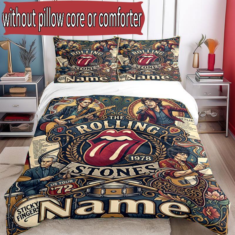 3-teiliges Bettbezug-Set (1 * Bettbezug + 2 * Kissenbezug, ohne Kern), Benutzerdefinierter Name The Rolling Stones Muster Bettwäsche-Set, Heim Schlafzimmer Dekor Geschenk