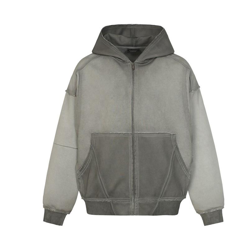 Washed Distressed Oversized Zip Hoodie Men American Streetwear Heavyweight Sweatshirt