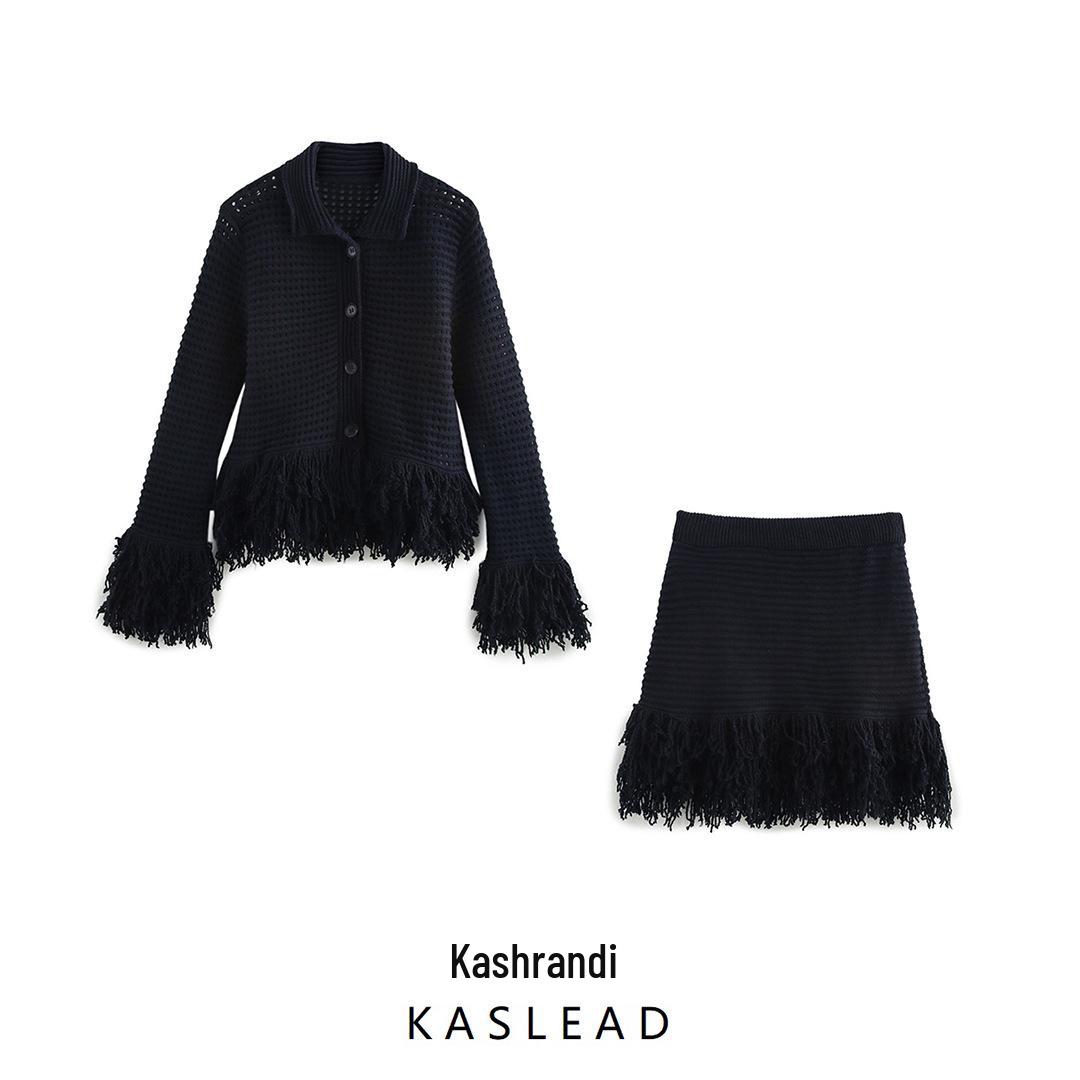 

2025 Spring Women s European & American Style Knit Cardigan with Turn-Down Collar & Long Sleeves, Paired with Half Skirt Small