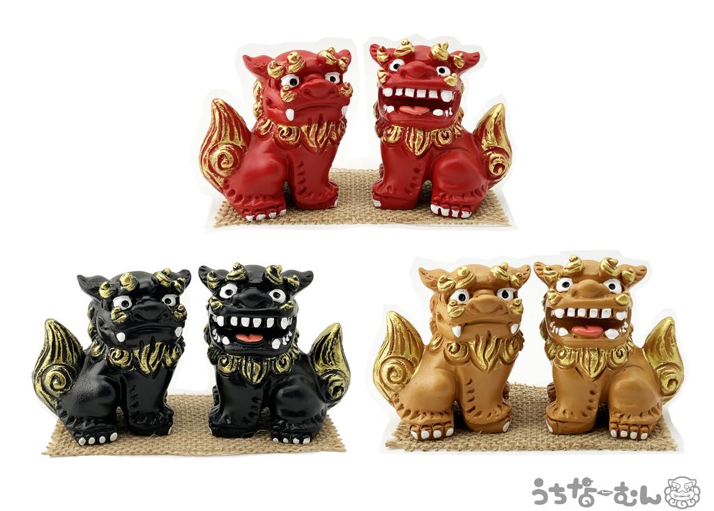 Okinawa Souvenir, Rakuten, Mini Shisa Figuren, Paar, Shisa und Löwenfiguren, Innendekoration, Glücksbringer, Feng Shui, Schwarz, mit Aufklebern