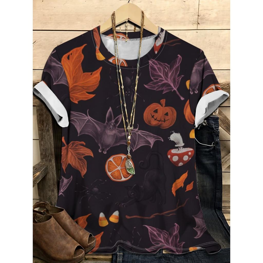 Summer Round Neck 3D Halloween Themed Pattern Print Top Fashionable Casual Short Sleeved Women's T-shirts