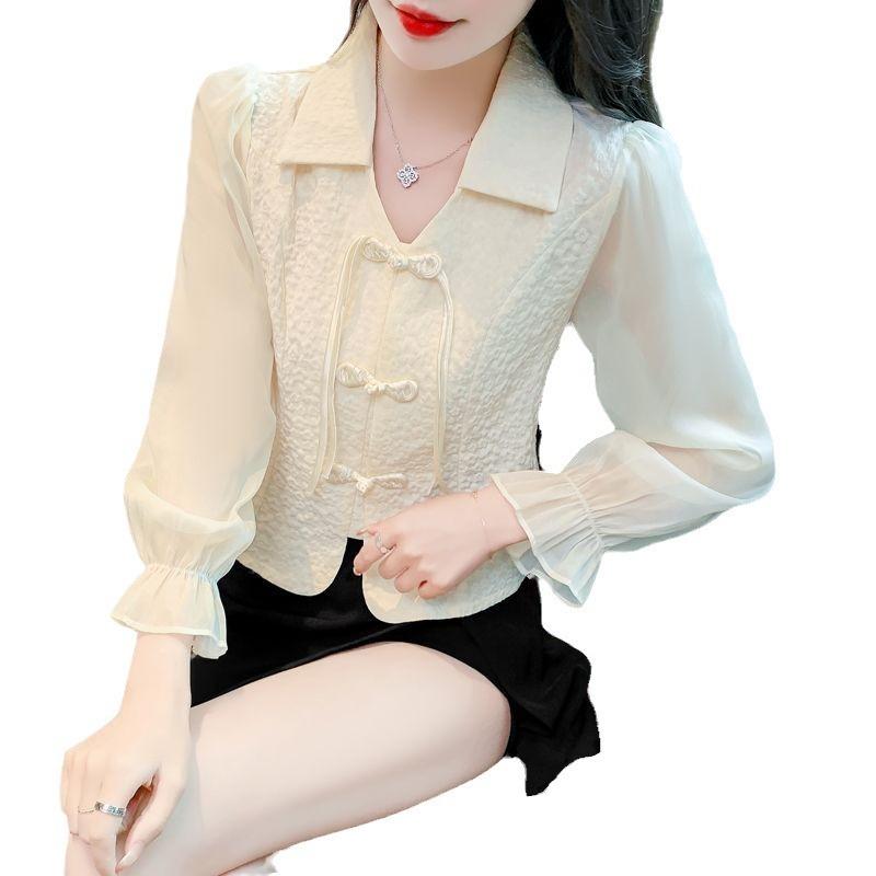 Chinese Style Chiffon Shirt Button-up Shirt for Women Long Sleeve Spring and Autumn New Style Waist-hugging Slimming Top Shirt