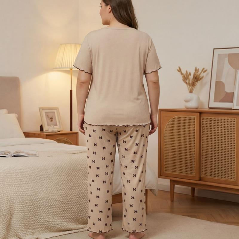 Plus Size Women Two Piece Short Sleeve Bow Print Long Pants Pajama Set Casual Home Loungewear