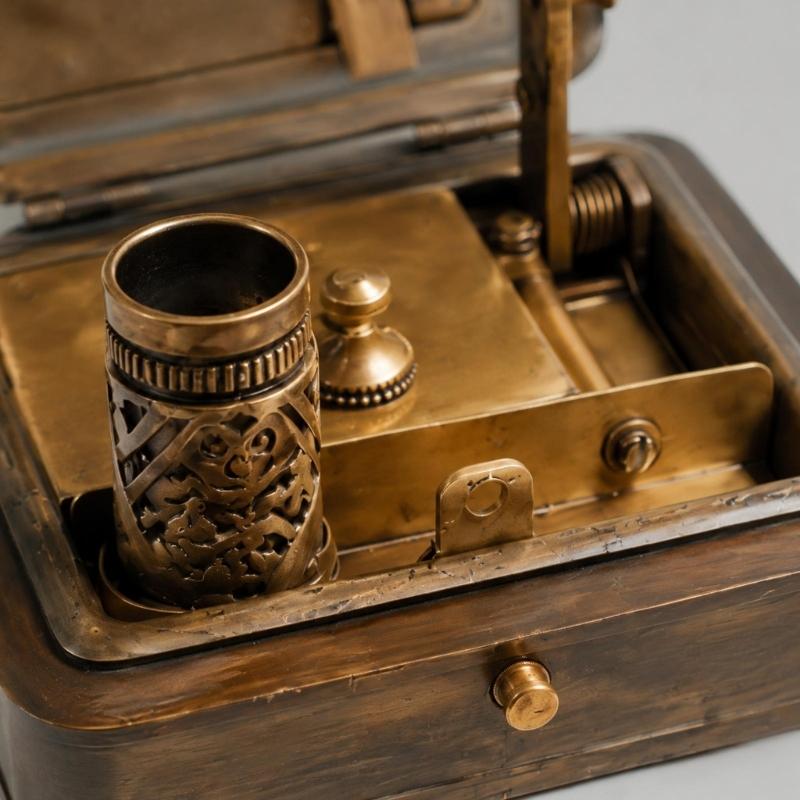 Metal Candle Holders Box with Hinged Lift Up Lid, Mechanical Wind Up Ignitions System, Antique Industrial Styling for Tabletop or Decorative Shelf