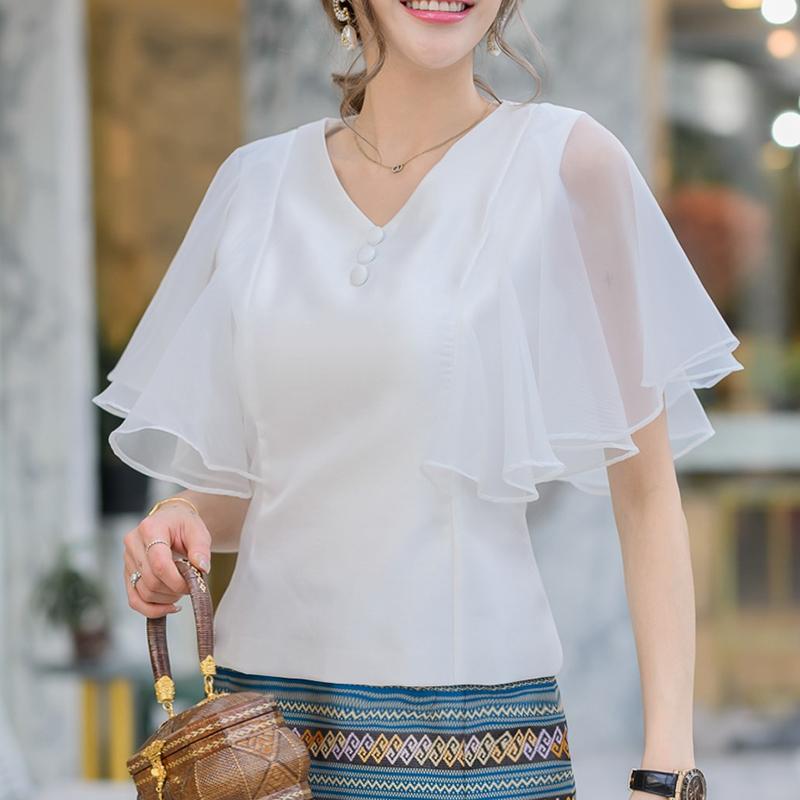 ZANZEA Damen Lässig Mesh-Einsatz Rüschenärmel Sommer V-Ausschnitt Bluse