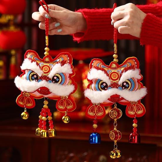 Chinese Lion Dance Ornament Traditional Blessing Souvenir Hanging Pendant with Bells Auspicious Good Luck Charm for Spring Festival New Year