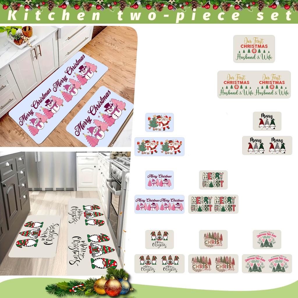 Christmas Kitchen Anti-slip Mat Carpet Flannel Doormat Two-piece Set