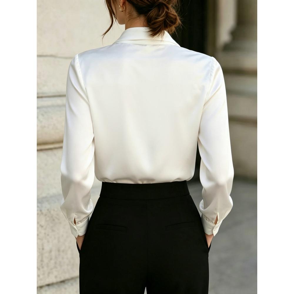 Satin-finish Ribbon Shirt, V-neck, Knotted, Long-sleeved, Formal Work Shirt for Women