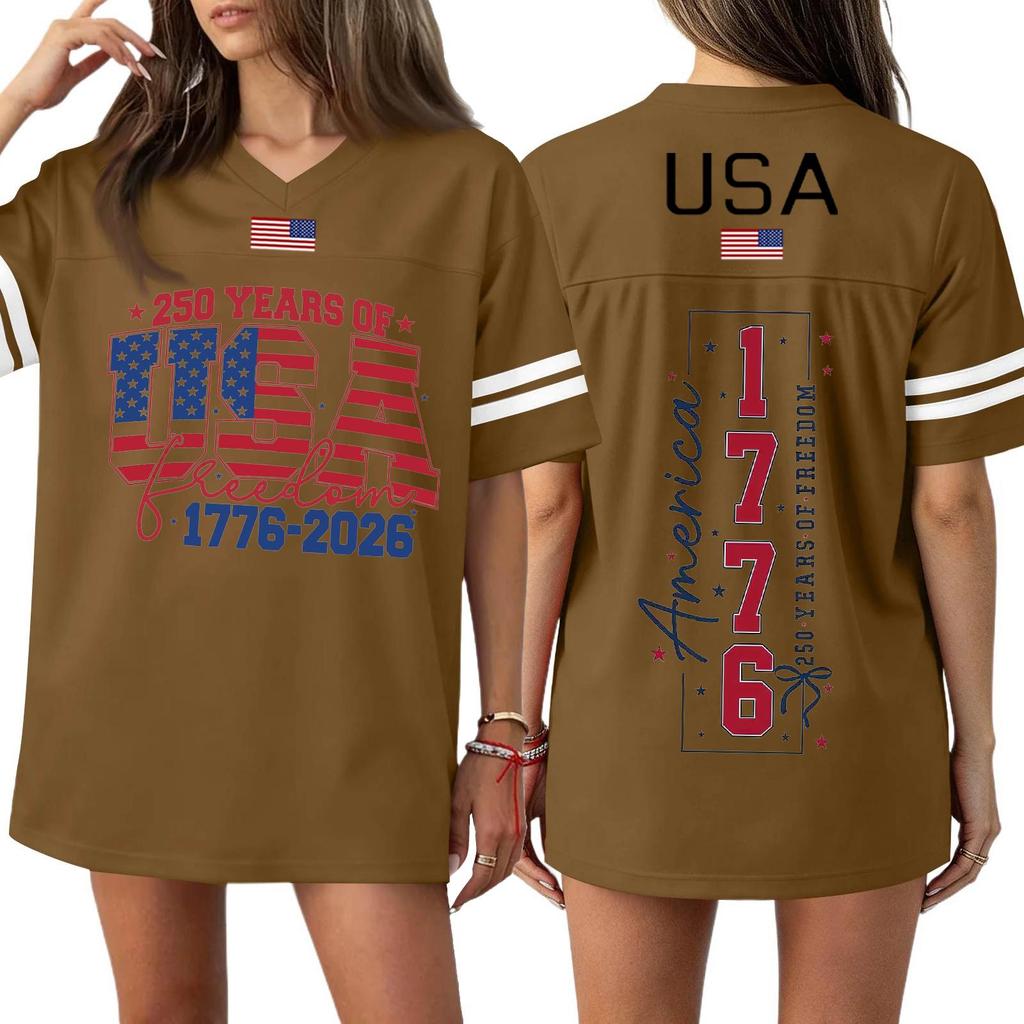 T-shirt Sport Haut Casual Mode Femme Col en V Impression Jour de l'Indépendance Manches Courtes