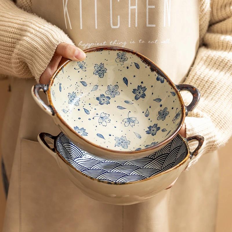 Flowers Plants Japanese Household Noodle Bowl Ceramic Soup Bowl with Handle Salad Bowl Kitchen Tableware Microwave Oven Secure