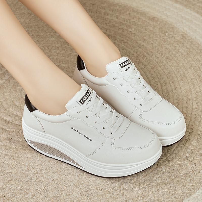 Women Platform Casual White Leather Elevator Shoes Thick Sole Height Increase Sneakers