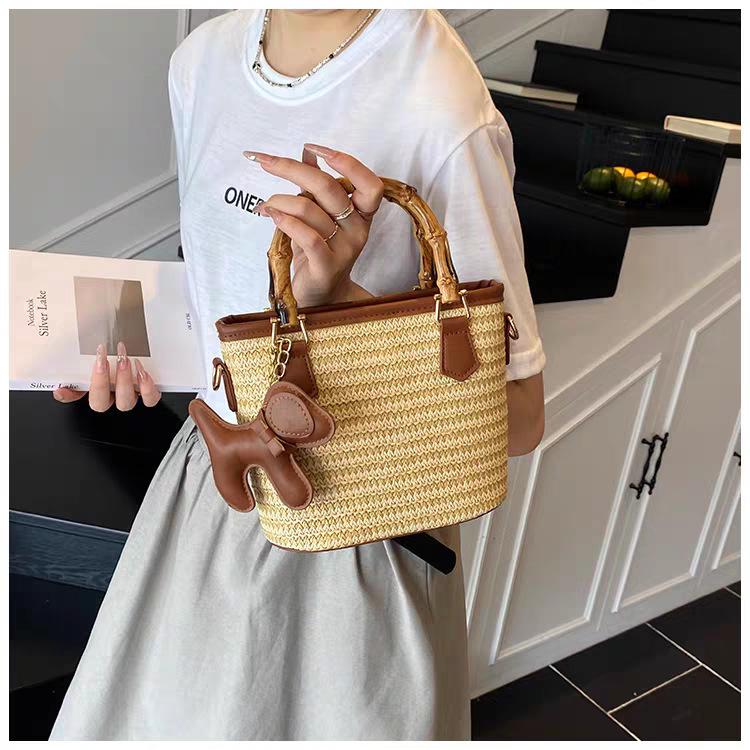 Texture Bamboo Portable Woven Bucket Bag Women s Super Hot Seaside Fashionable Casual Cross-body Straw 22x9.5x17.5 single package