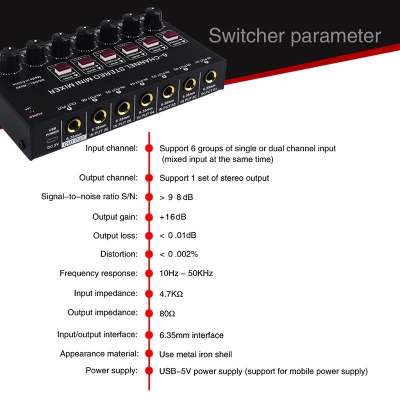 Stereo 6 Channel Mixer Sound Mixer 6 Stereo Distributor Volumes Control Mixing for Electric Guitar Keyboards Drum