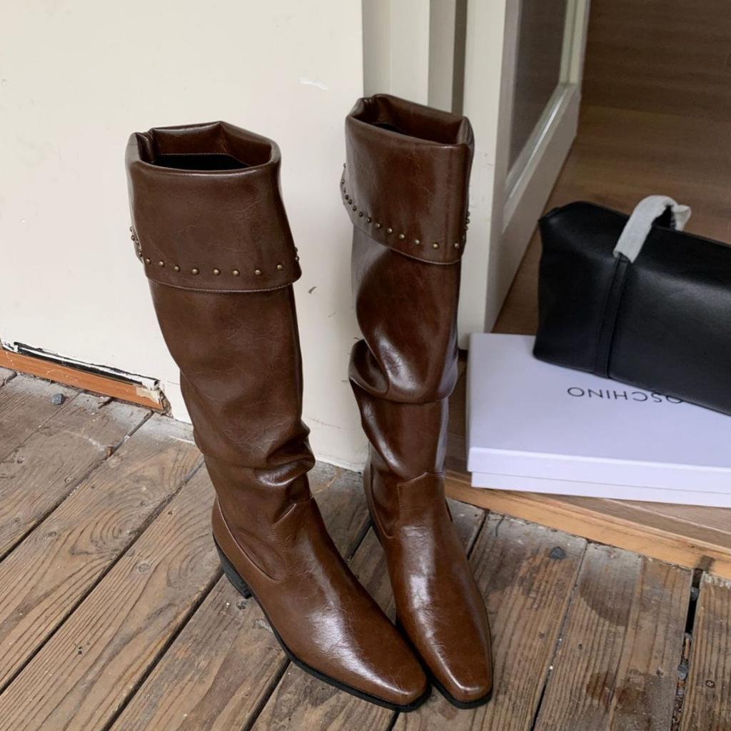 2025 Fashion Spice Girl Pleated Autumn and Winter Pile Boots Women's Autumn and Winter Design Sense Pointed Rivet Fashion Boots High Heel Knight