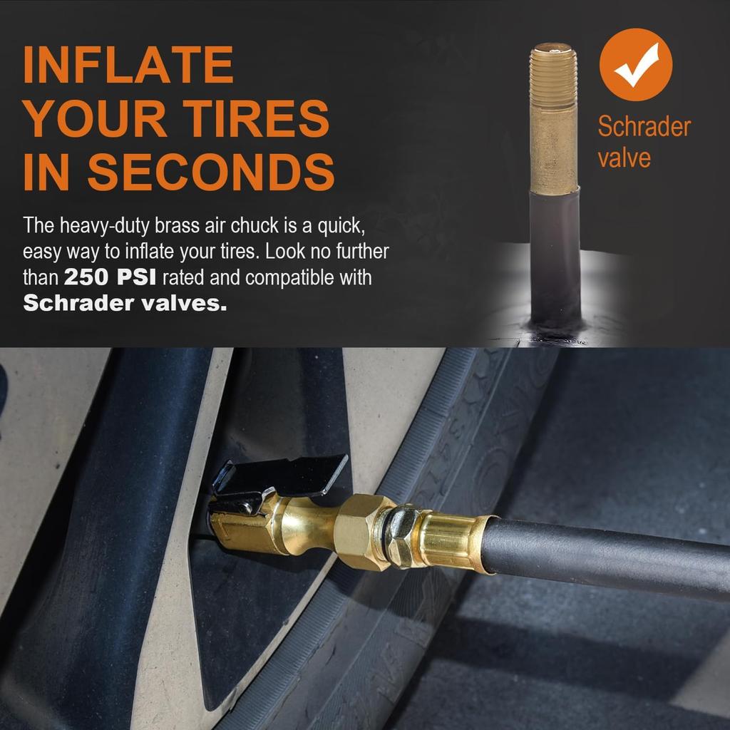SAFELIFE Brass Air Chuck Closed Flow Tire Chuck Heavy Duty Locking Tire Inflator Chuck with Clamp