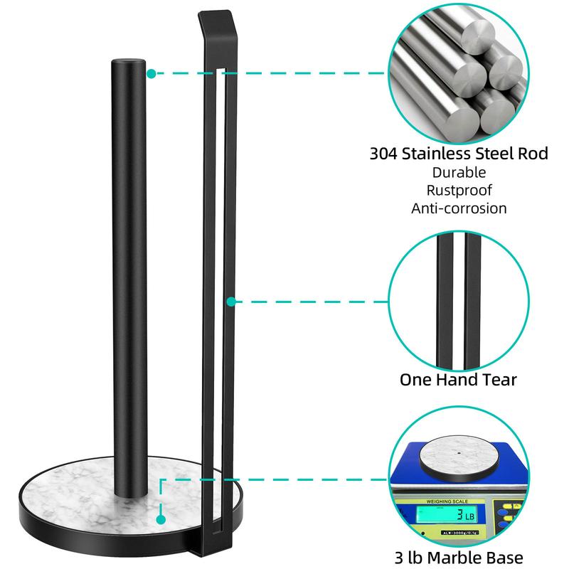 Marble & Stainless Steel Paper Towel Holder - No-Drill Vertical Nordic Stand for Kitchen Foil, Wrap and Paper Roll Storage