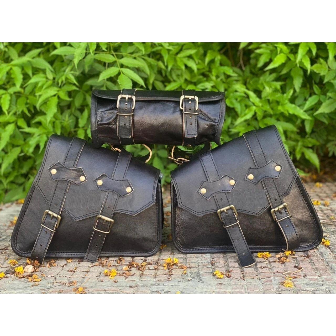 

Combo Pack Of 3 Real Black Leather Motorcycle Saddle Bags 3 Side Pouch Panniers