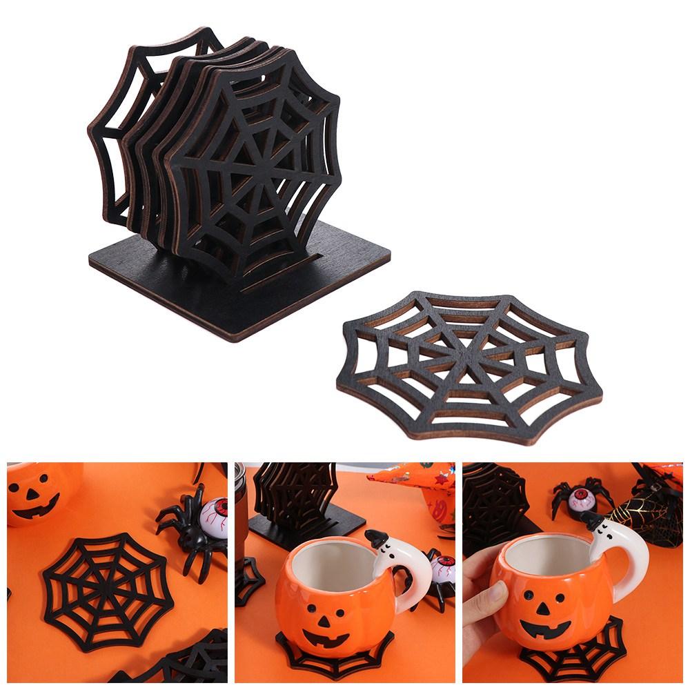 Spooky Spider Web Coasters Wood Halloween Drink Coasters Gift Table Cup Mats Party Supplies