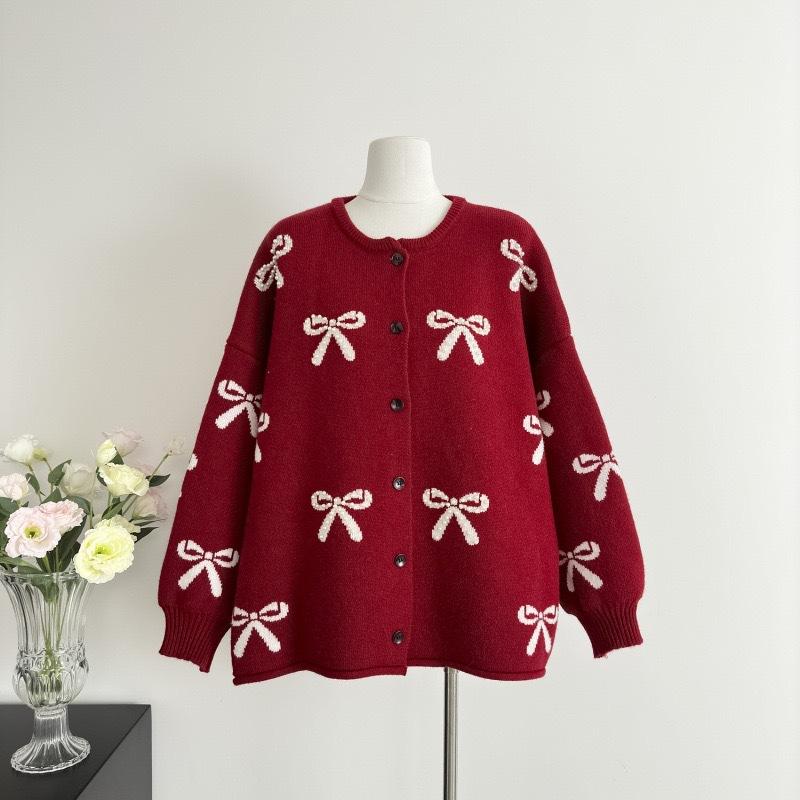 

Женский свободный свитер с круглым вырезом и бантом, украшенный бисером, куртка осенне-зимнего дизайна, омолаживающий кардиган one size красный