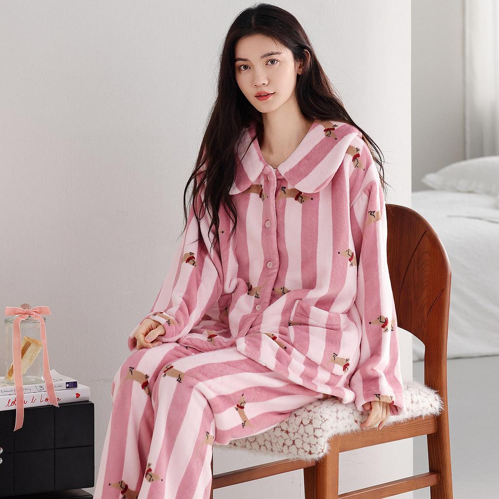 Pajamas Women'S Winter Coral Fleece Thickened Fleece Warm Homewear Autumn And Winter Suit