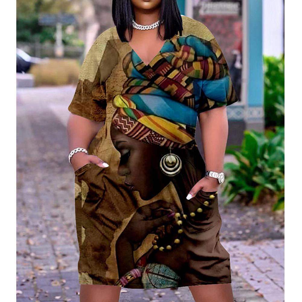 2026 digital printing cross-border temperament commuter skirt pullover V-neck dress
