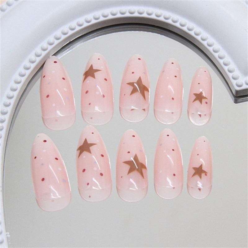 24 Stück Aufklebnägel mit Stern-Punkt-Design, süße künstliche Nägel, Acrylnägel, lange Mandeln, vollständige Abdeckung, zum Aufkleben