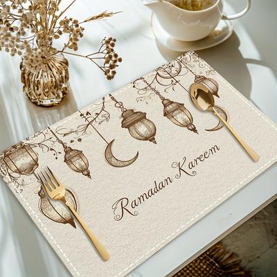 Set of 4 Ramadan Kareem Lanterns Featuring a Moon Design, These Placemats Are Machine Washable, Heat Resistant, And Easy To Clean