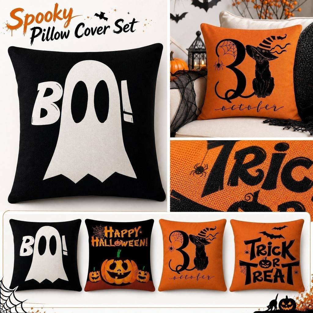 4PCS Halloween Pillow Covers Linen Printed Waist Cushion Covers Home Decorative Throw Pillow Cases for Sofa Chair Bed