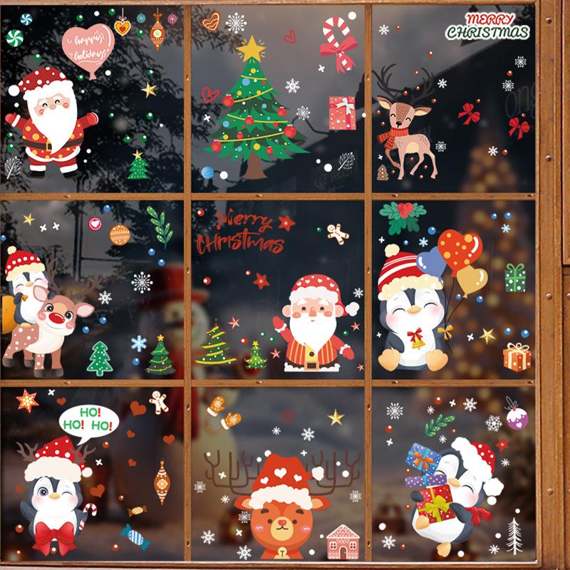 Santa Claus Tree Decoration, Snowflake Penguin Electrostatic Sticker, Atmosphere Scene, Glass Door and Window Display Stickers