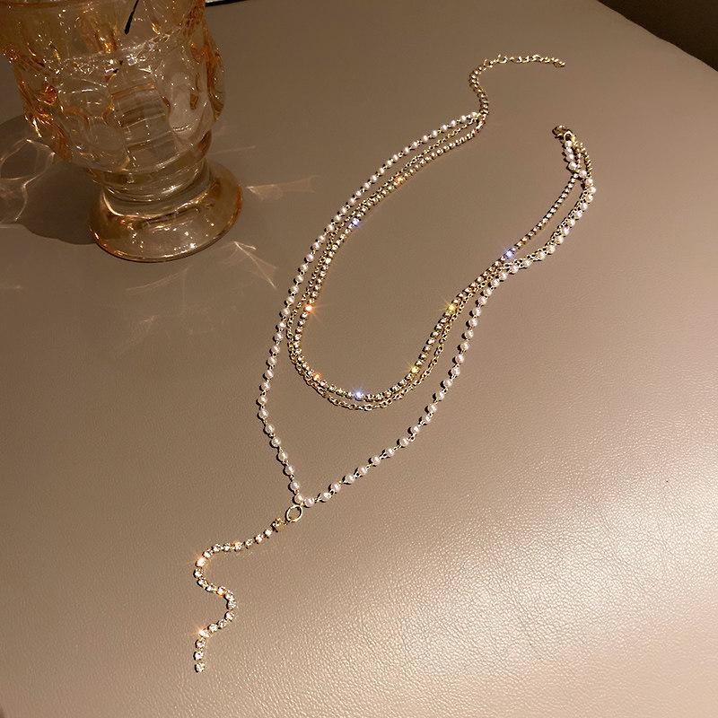 Korean Style Rhinestone Tassel & Pearl Necklace: High-End Clavicle Chain Jewelry for Women