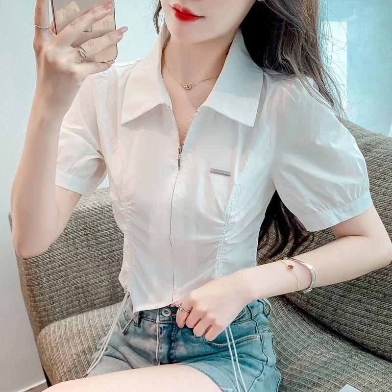 Summer Women's Bubble Sleeve Zip Cardigan Shirt Short Fashion Drawstring Waist Chic Niche Tops with Design