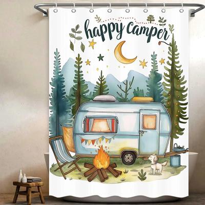 Seyahat Karavan Duş Perdesi RV Yaz Okyanus Sörf Tahtası Kamp Palmiye Ağacı Rustik Tahta Polyester Kumaş Banyo Dekoru Perdeler