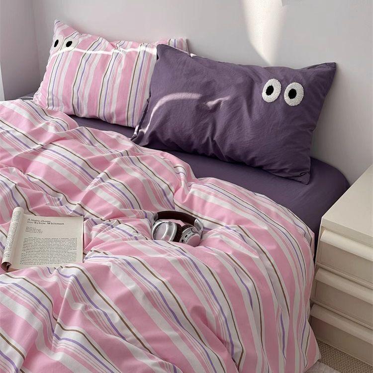 Ins  Big Eyes Cowboy Blue Solid Color Beding Set  Duvet Cover Bed Sheet Simple Dormitory Queen King Size